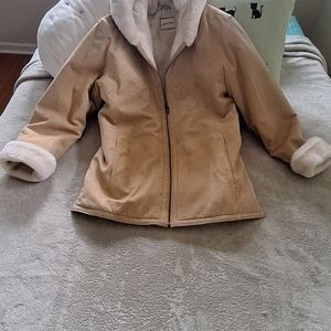 Ladies tan suede fully lined hooded warm winter coat with heavy duty zipper
